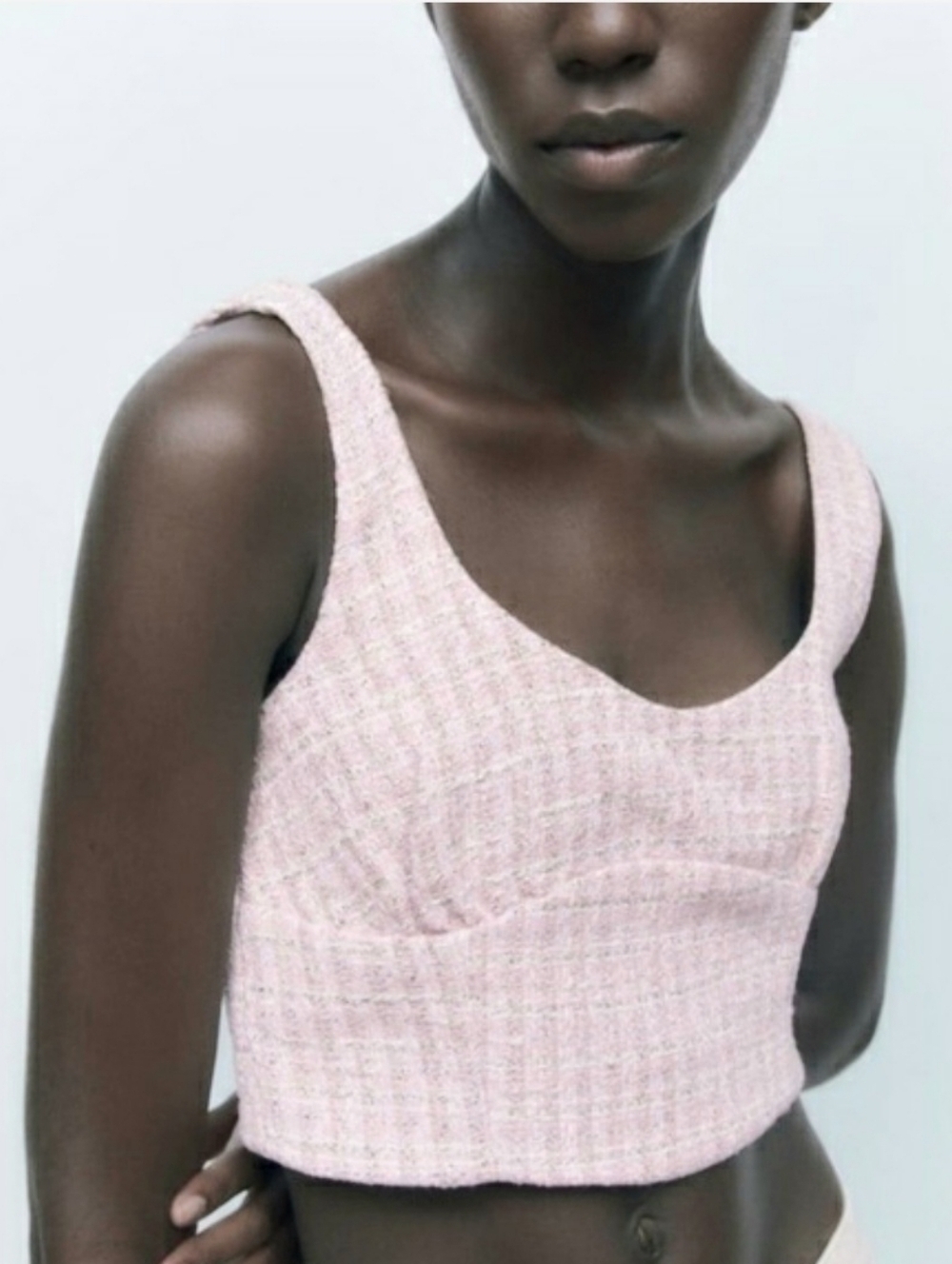 NWOT Zara Textured Pink Tweed Corset Crop Tank Top. Light Pink, White, Silver. L